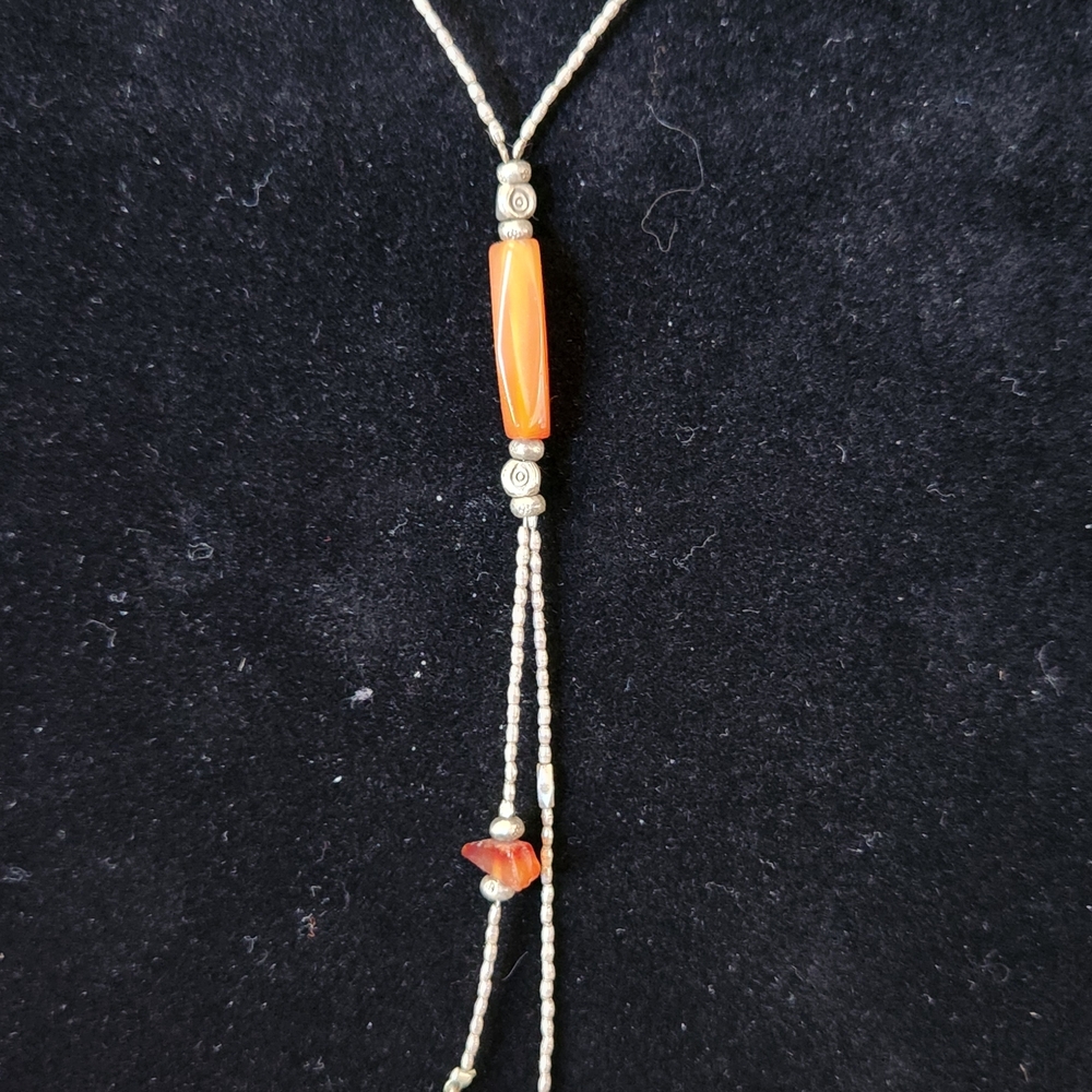 Lariat Sterling Silver Orange Beaded Necklace 14" + 5" Dangle